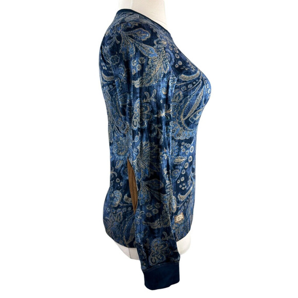 NWT Lauren Ralph Lauren Paisley Print LS Suede Elbow Shoulder Zip Top Blue Large - Picture 10 of 14